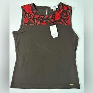 Calvin Klein,‎ Brown and red, tank with lace detail, size small